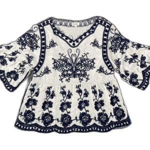 Kindred Anthropologie Large White Navy Floral Embroidered Peplum Boho Blouse Top